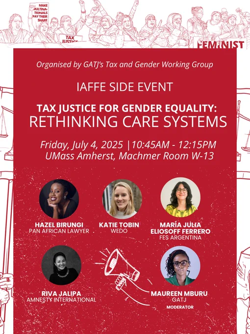 Image of a poster with the event details and drawings of women holding posters reading "feminist" and "make multinationals pay their share"