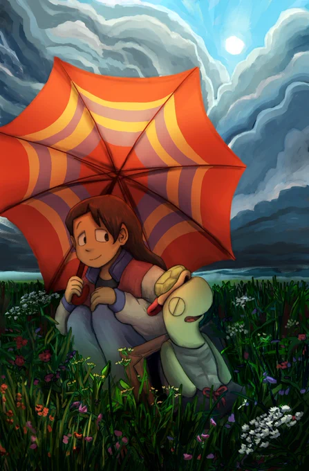 an illustration of isabelle and flipflop, characters from the webcomic/serial paranatural. isabelle is holding up her signature umbrella tool smiling at flipflop and flipflop is sitting next to her on the ground, relaxed. they are both in a flowery field, growing wild with dark clouds parting to reveal a clear blue sky and the sun shining down. 