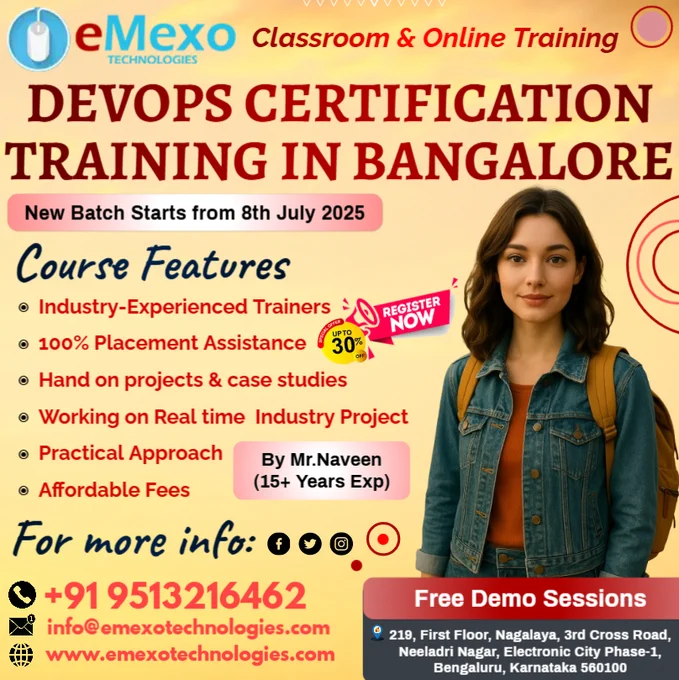 📢 Attention Future DevOps Engineers! @everyone @highlight @followers
🚀DevOps Training in Bangalore – Master the Most In-Demand DevOps Tools with eMexo Technologies!
🎉🔥 Limited-Time Offer: Get 30% OFF on our DevOps Certification Course in Bangalore – Available in Online & Offline Batches!
Want to fast-track your career in DevOps and Cloud Automation? Join eMexo Technologies, the Best DevOps Training Institute in Bangalore, and gain hands-on expertise from top industry professionals. Whether you're a fresher, system admin, or developer, our DevOps Course in Bangalore will equip you with real-world skills and certification readiness.
✅ Why Choose DevOps Training in Bangalore at eMexo Technologies?
 🔹 All-Inclusive Curriculum – Master tools like Git, Jenkins, Docker, Kubernetes, Ansible, Terraform, Maven, Prometheus, Grafana, and AWS DevOps
 🔹 Hands-On Projects – Deploy CI/CD pipelines, automate infrastructure, containerize apps, and monitor live systems
 🔹 Expert Trainers.