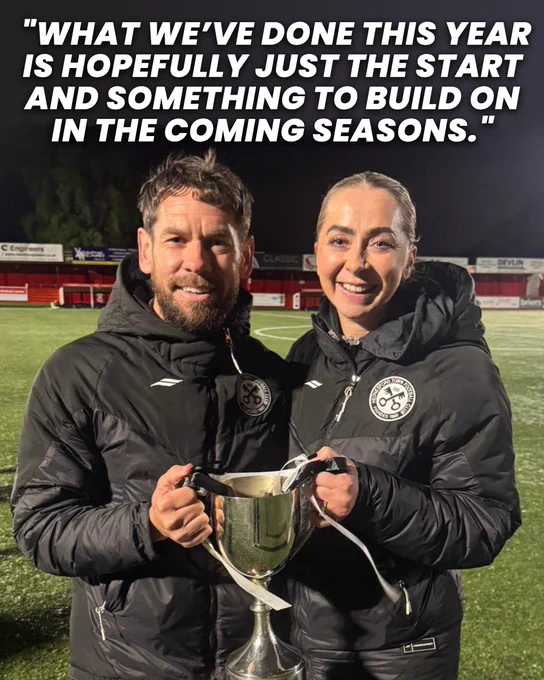 Laura and Yaz smiling at camera and holding the league cup. Overlay quote says "What we’ve done this year is hopefully just the start and something to build on in the coming seasons."