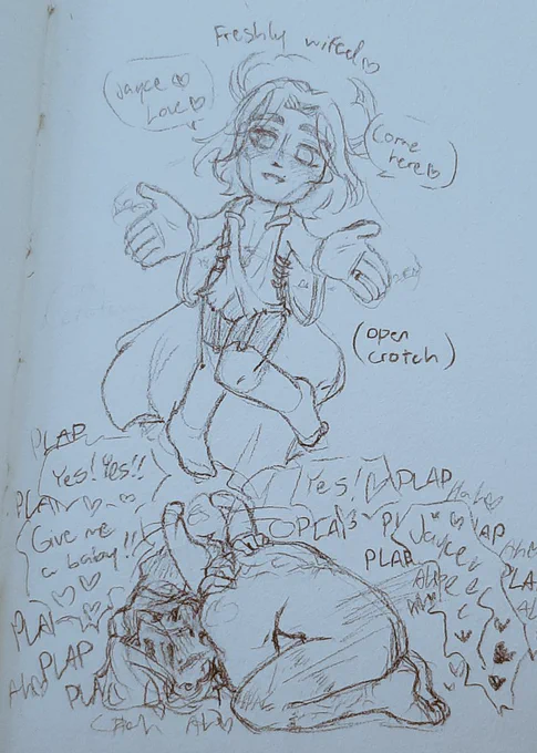 [Freshly wifed♡ (marked "open crotch")]
V: Jayce♡ Love♡
Come here♡ 

(Through a frankly excessive ammount of plaps and panting)
V: Yes! Yes!
Give me a baby!
Yes!♡
Jayceeee—♥︎♥︎