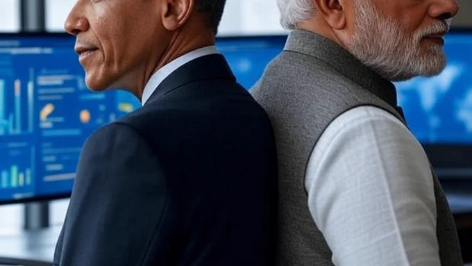 What do Obama and Modi have in common? They didn’t just campaign.
They used Big Data to strategically connect with millions. 
(Grok-generated image of Modi & Obama, sitting back to back, in the midst of dashboards, poised to make data-driven decisions.)