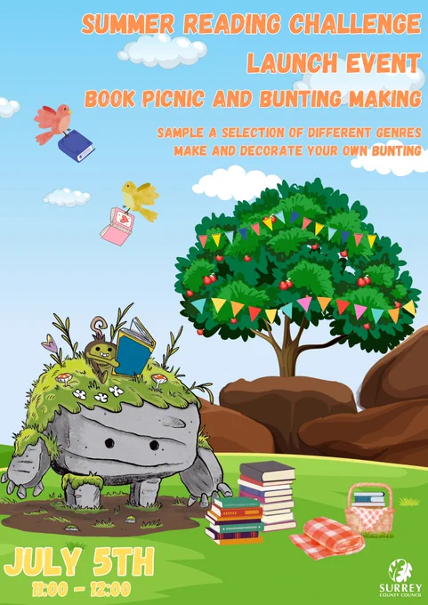 poster advertising the summer reading challenge launch event at guildford library. 