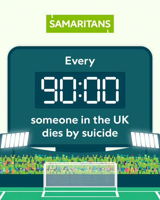 Football themed graphic stating that every 90 minutes, someone in the UK dies by suicide.