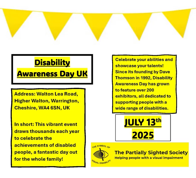 Disability Awareness Day is coming up, join in on the event and celebrate the achievements of talented disabled people! Show what YOU can do!🤩
[This image depicts the upcoming event of the UK Disability Awareness Day 2025, the event will take place on the 13th of July and will be held at Warrington, Cheshire, on a Sunday. The event includes many exhibitors to get involved with that celebrate the achievements of disabled people. It is the largest non-profit volunteer exhibition for disabled people in the world. The address is: Walton Lea Road, Higher Walton, Warrington, Cheshire, WA4 6SN, UK.] 
website: https://www.disabilityawarenessday.org.uk/
#disabilityawareness #ukdisab #awareness #celebrate