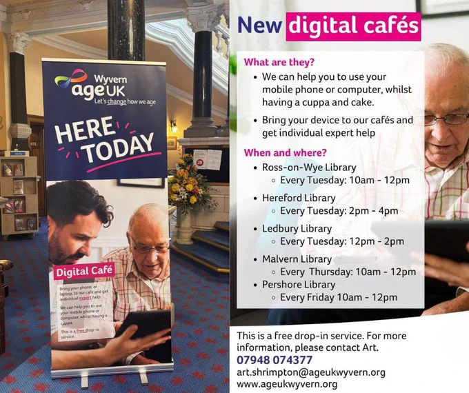 Photo of a banner in the reception area of Hereford Town Hall and poster advertising AgeUK Digital Cafes.