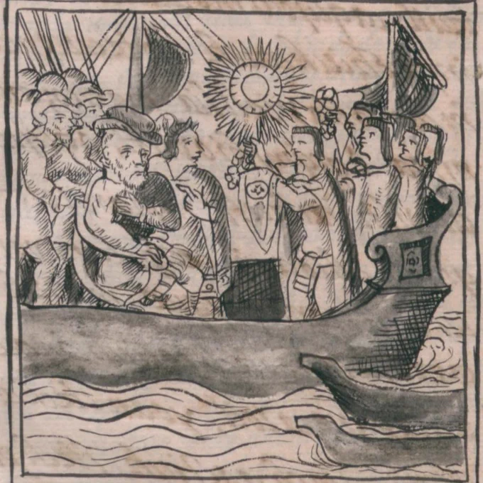 Ilustración Cortés recibiendo la ofrenda de objetos de Moctezuma