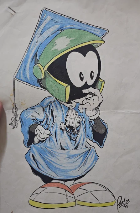 Drawing of Marvin the Martian in a blue graduation gown and cap.