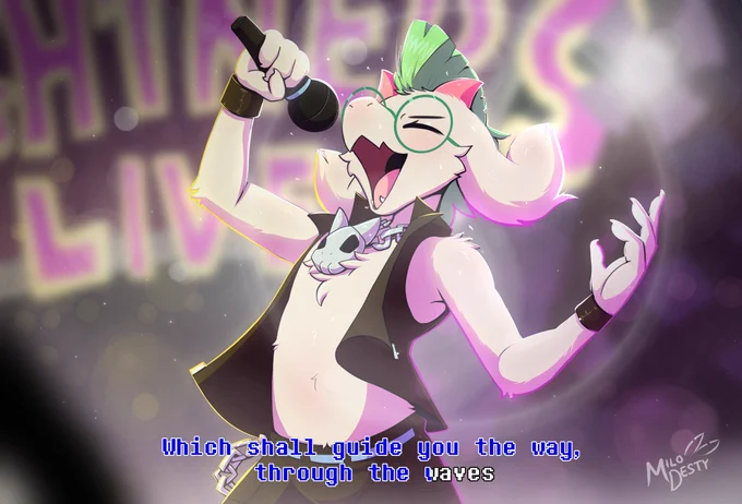 Ralsei, in his punk outfit, singing happily out loud. "Which shall guide you the way, through the waves"