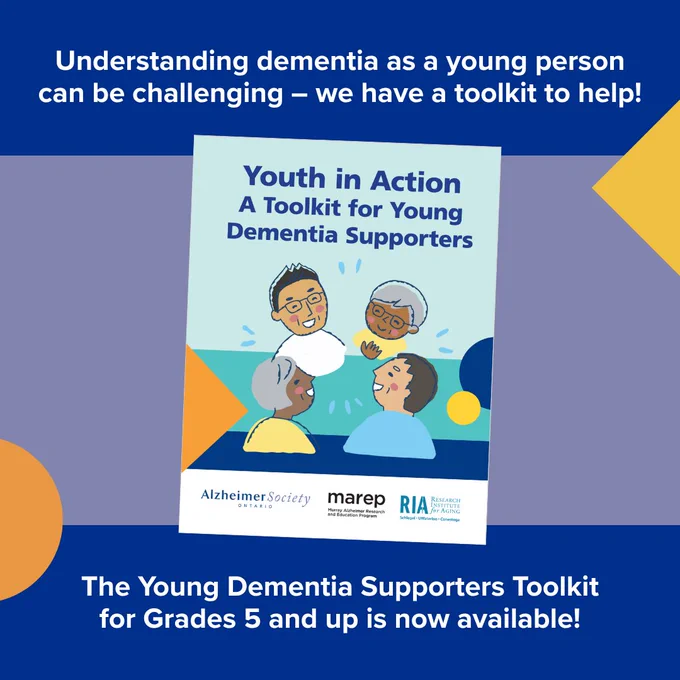 White text on a blue, gray, and yellow background, alongside the cover of the Young Dementia Supporters Toolkit.