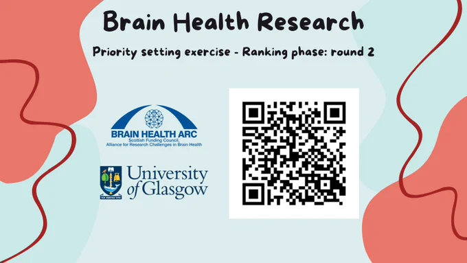 Title: Brain health research
Subtitle: Priority setting exercise - Ranking phase: round 2
Then the logos of the Brain Health ARC and University of Glasgow are shown alongside a QR code to the survey
