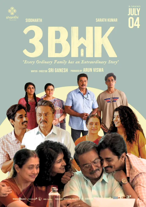 Poster of Tamil movie “3BHK” with a South Indian family at the center. Siddharth, Sarath Kumar, and others stand in front of a light blue background with a yellow semi-circle. The tagline emphasizes family and emotion.