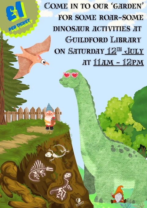 poster promoting guildford library's dinosaurs in the garden event. 