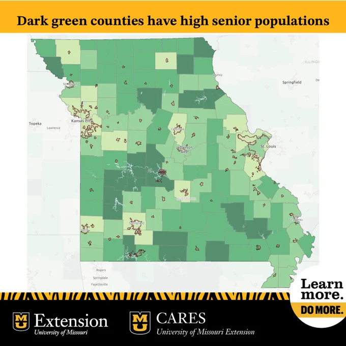 A map of Missouri counties identifying high senior populations. 
