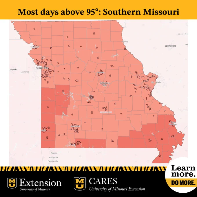 A map of Missouri counties identifying the counties with the most days of temperatures about 95 degrees. Southern Missouri counties experience the most. 