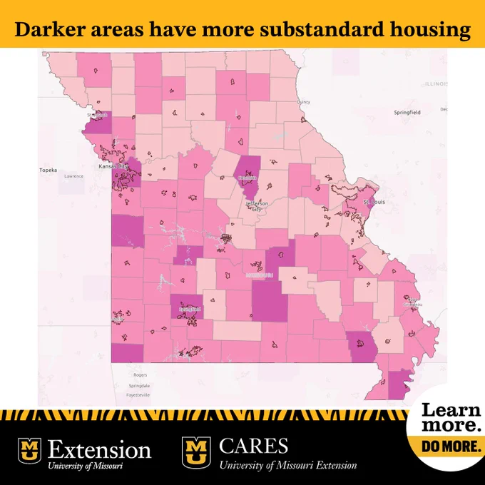A map of Missouri counties identifying the counties with the highest instances of substandard housing.