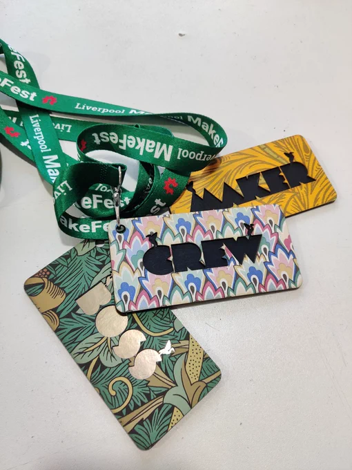 "Maker", "Crew" and "Boss" badges featuring vintage wallpapers by William Morris and Mary Quant