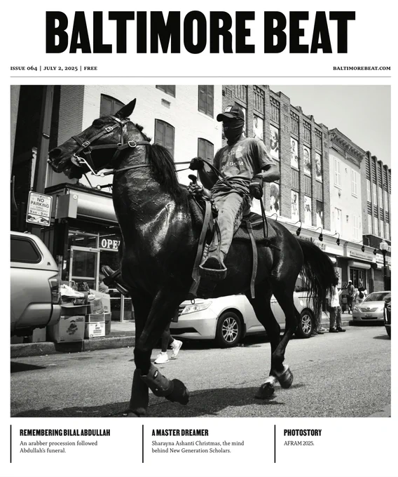 A black and white image of a man riding an arabber’s horse during a funeral procession for Bilal “BJ” Abdullah.
