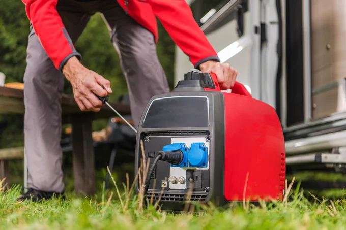 A person setting up a red generator next to an RV in a grassy area.