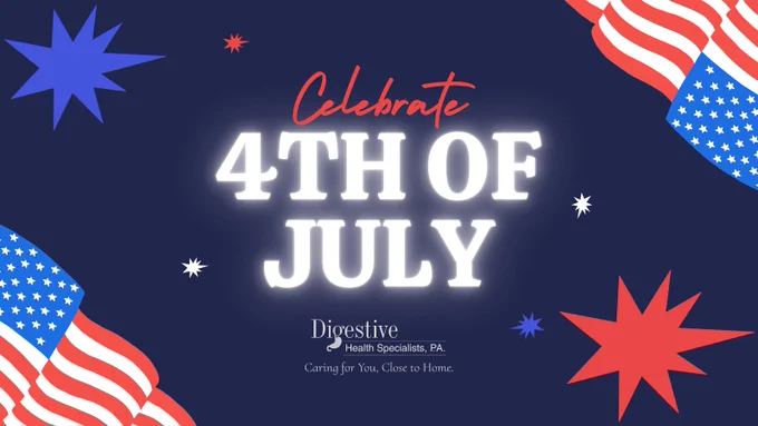A 4th of July post that says “Celebrate 4th of July” with the DHS logo centered. Two US flags are on the top right and lower left corners. Red, blue, and white stars of various sizes scattered around. 