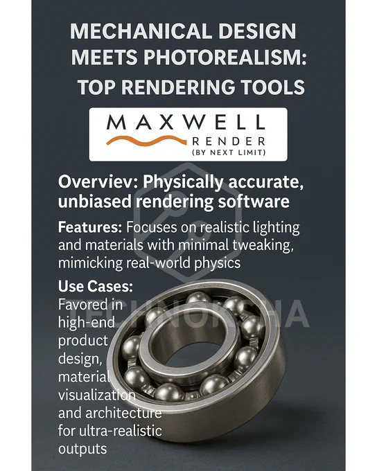This promotional image highlights Maxwell Render’s capabilities in producing photorealistic 3D visuals for mechanical and industrial design. The poster features a high-detail rendering of a ball bearing, emphasizes Maxwell’s core strengths—physically accurate rendering, minimal setup, and real-world lighting simulation—and positions it as an essential tool for product designers, material visualizers, and architects.