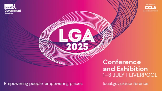 Promotional banner for the Local Government Association (LGA) Annual Conference and Exhibition 2025, taking place from 1st to 3rd July in Liverpool. Features the event theme 'Empowering people, empowering places' on a vibrant pink and orange gradient background with abstract circular line designs. Includes the LGA and CCLA logos, highlighting CCLA as a gold supporter. Website link: local.gov.uk/conference.