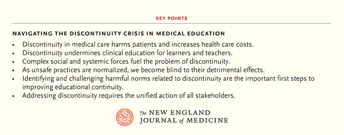 Key points from the Review Article "Navigating the Discontinuity Crisis in Medical Education"