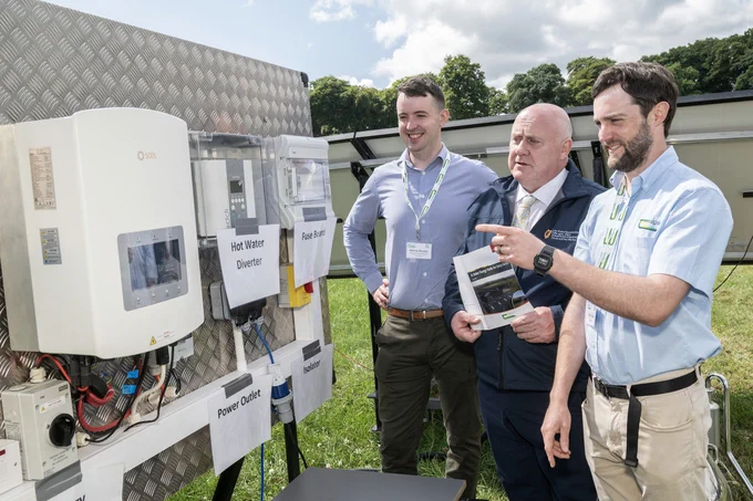 A Solar Energy Guide for Dairy Farms jointly authored by Teagasc and Munster Technological University was launched at the Teagasc dairy open day in Moorepark, Fermoy, Co Cork. Pictured are Dr Darren Murphy, MTU and Dr John Upton, Teagasc with Noel Grealish T.D., Minister of State at the Department of Agriculture, Food and the Marine. Picture O'Gorman Photography.