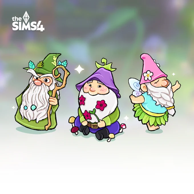 A drawing of three magical, colourful gnomes to celebrate a giveaway of the new Sims 4 Expansion pack.
