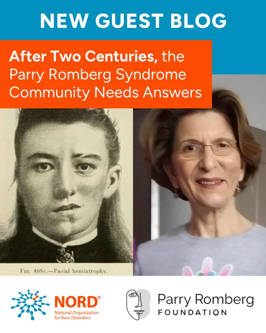 Blog post graphic titled 'After Two Centuries, the Parry Romberg Syndrome Community Needs Answers,' featuring historical black and white portrait alongside a modern photo of the blog's author, with logos of NORD (National Organization for Rare Disorders) and Parry Romberg Foundation.