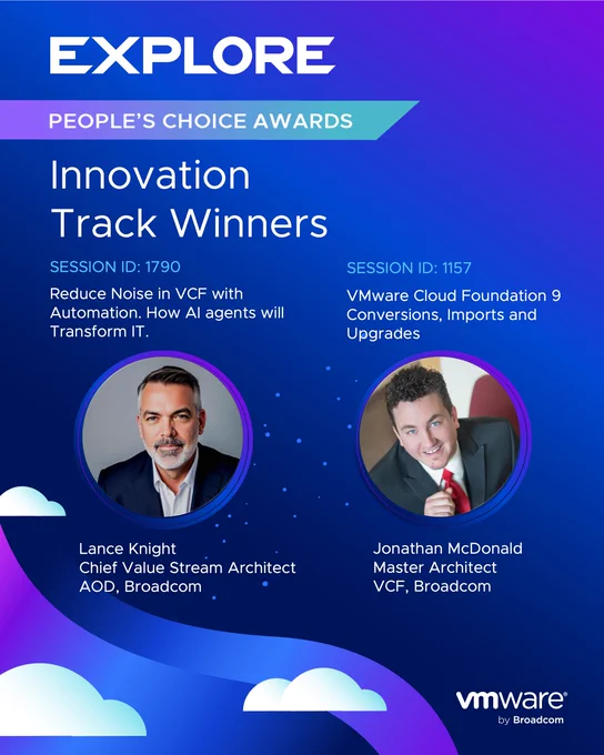 Explore People's Choice Awards banner showing Innovation Track Winners. Both individuals are pictured within colored circular frames against a purple background with decorative elements.