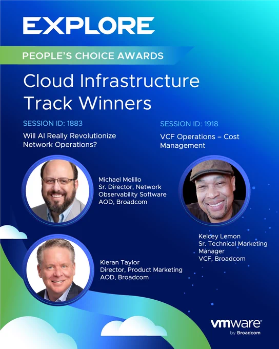 Promotional poster for the Explore People's Choice Awards featuring Cloud Infrastructure Track Winners. Includes session details and photos of four award recipients from Broadcom.