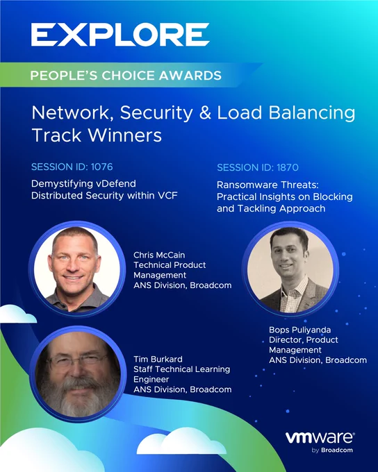 Promotional poster for the Explore People's Choice Awards featuring the track Network, Security & Load Balancing Winners. It includes session details and photos of four keynote speakers: Chris McCain, Tim Burkard, Bops Puliyanda