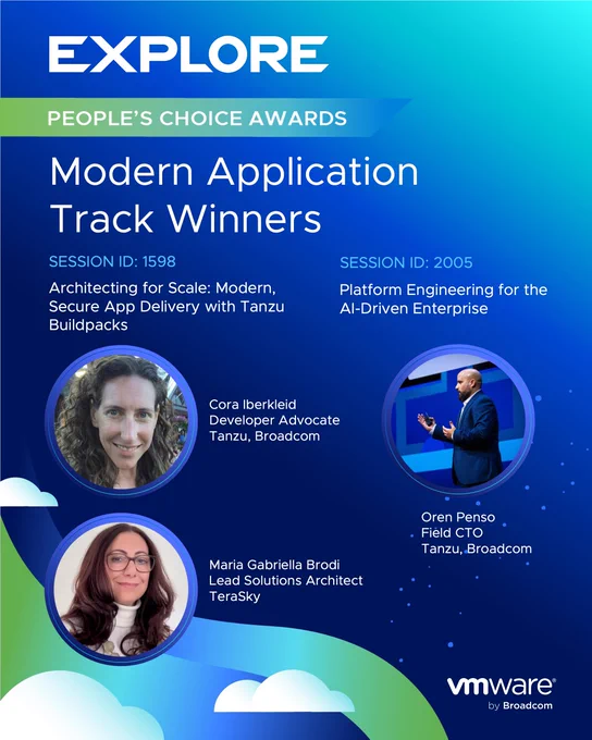 Promotional poster for the EXPLORE People's Choice Awards featuring Modern Application Track Winners from various companies. Each winner is displayed with their photo, title, and company logo.