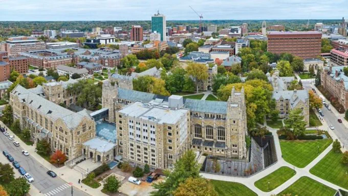 An aerial view of the University of Michigan campus in Ann Arbor.
