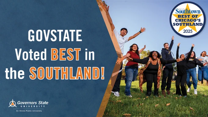 Advertisement featuring a group of joyful individuals celebrating Governors State University being voted 'BEST in the Southland' by Southtown, Best of Chicago's Southland 2025.