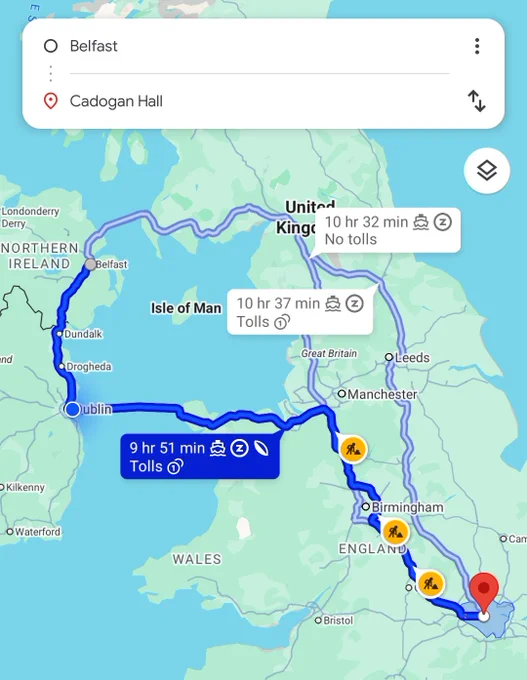 Route from Belfast to London by car taking 9h51m