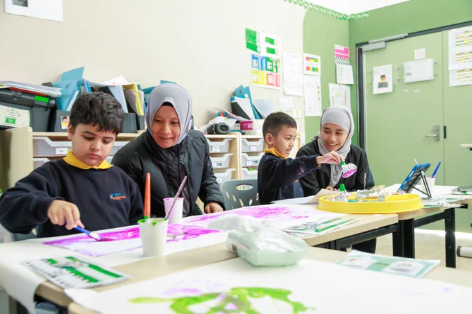 Two adults wearing hijabs and two young children engage in an art activity in a classroom, painting with bright colors and smiling.