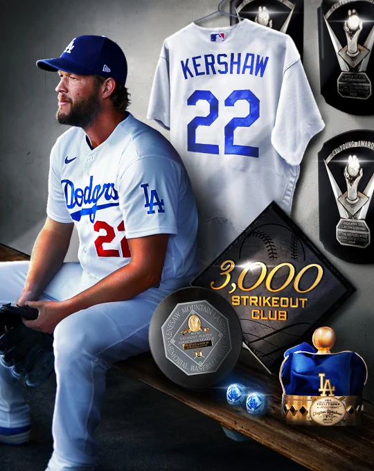 Clayton Kershaw Locker Room Graphic:
Pictured: Clayton Kershaw sits on the bench with his glove in his hand in a home white Dodgers uniform with blue and red lettering. Beside him is his NL MVP award, two World Series rings, a pitching triple crown and a 3,000 strikeout club plaque. Seen behind him is a home white Dodgers Clayton Kershaw jersey and his three Cy Young Awards. 

