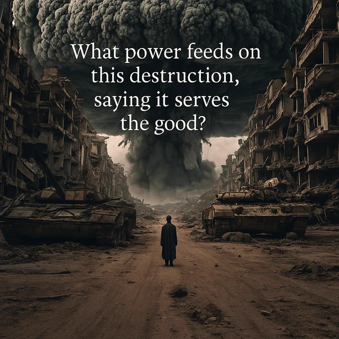 A lone figure stands in the middle of a devastated city street, flanked by ruined buildings and abandoned tanks, facing a towering, dark mushroom cloud rising into the sky. The scene evokes total destruction, desolation, and the overwhelming evil force of war.