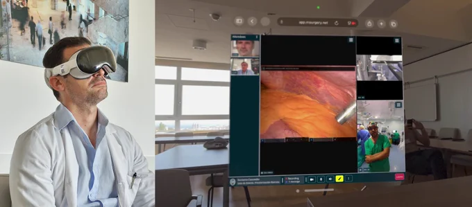 Dr. Jordi Tarascó actuando de proctor en una de las salas del Hospital Germans Trias i Pujol de Badalona. Se encuentra observando la cirugía utilizando las Apple Vision Pro.
