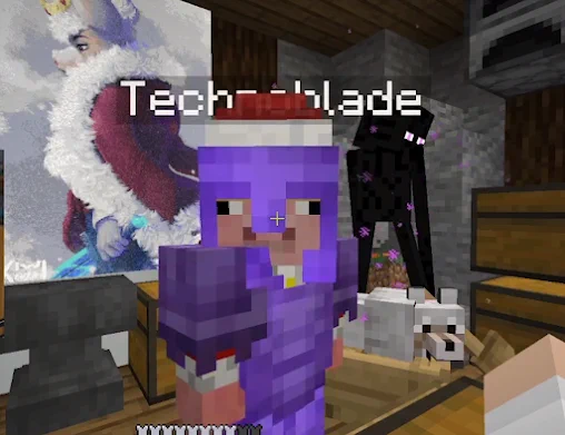 Screenshot of the stream "Tommy Stands Up To Dream's Manipulation in Exile" of Minecraft Youtuber and streamer Technoblade standing in front of the viewer, in his Antarctic cabin on the Dream SMP server. A poster of himself, his enderman roommate Edward, and one of Techno's dogs are in the background behind him. Techno's wearing enchanted netherite armor with an Optifine Santa hat.