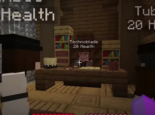 Screenshot of Minecraft Youtubers and streamers Technoblade and Ranboo playing the characters Sheriff Sherman Thompson and John John from the episode "The Wild West" of Tales from the SMP, a Minecraft roleplay. Sheriff Thompson is sitting at a his desk next to a jail cell, looking at John John from across it.

Sheriff Thompson is a boar who's been blinded in one eye due to a scar, who wears a gray dress shirt and brown suspenders, with tall brown boots and a copper crown. John John is wearing a white shirt and black pants with a black suit vest, black sleeve garters, black gloves, a white apron, and a flat black hat. Sheriff Thompson's skin was made by @carrot_gardens on Twitter and John's skin was made by ghostlingz on Skindex.