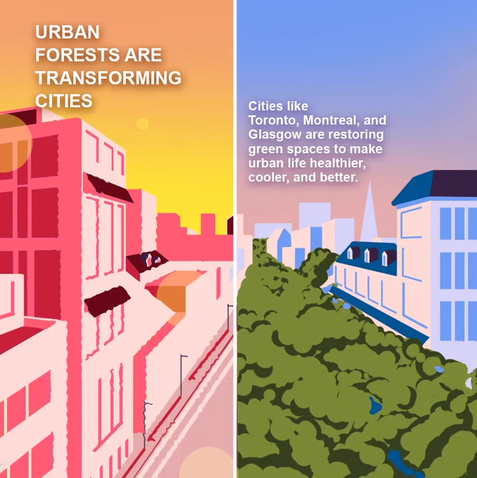 A split-screen image comparing two cityscapes.  With the text 'URBAN FORESTS ARE TRANSFORMING CITIES.' and 'Cities like Toronto, Montreal, and Glasgow are restoring green spaces to make urban life healthier, cooler, and better.'