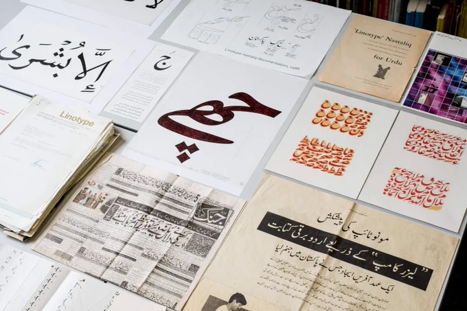 A picture of a selection of items from the Type Design Collection and hat box lining made by Betty Bros. of Bristol, 1885. Maurice Rickards Collection of Ephemera.
