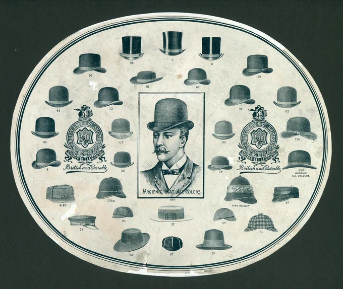 A picture of a selection of items from the Type Design Collection and hat box lining made by Betty Bros. of Bristol, 1885. Maurice Rickards Collection of Ephemera.