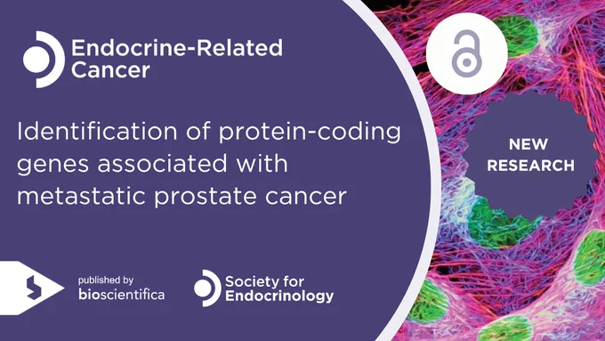 Endocrine-Related Cancer logo. Text reads: Identification of protein-coding genes associated with metastatic prostate cancer. Published by bioscientifica logo and Society for Endocrinology logo. Circle text box reads: NEW RESEARCH. Open access logo.