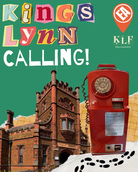 Collage of the King's Lynn library building, a red phone box, scraps of paper and footprints. Title text KING'S LYNN CALLING! in the top corner.