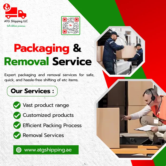 ATG Shipping LLC promotional graphic listing customized and efficient packing and removal solutions
