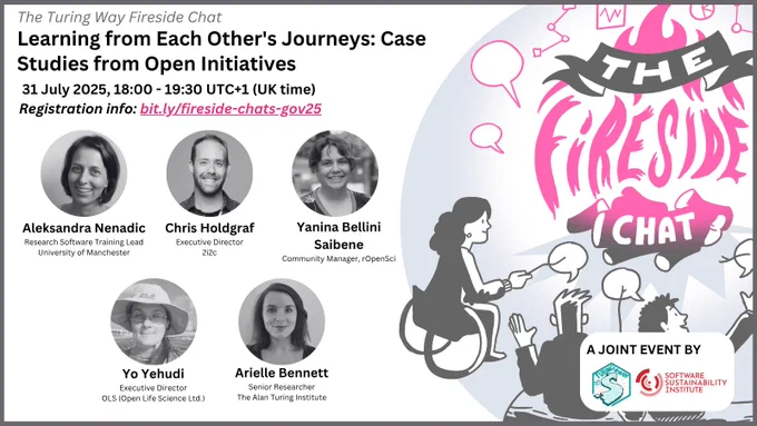 Alt: Hand-drawn image by scriberia is on the right of the digital poster: three people are sitting around a fire whose flames form the words “The Fireside Chat”. They are holding speech bubbles on sticks in lieu of marshmallows.